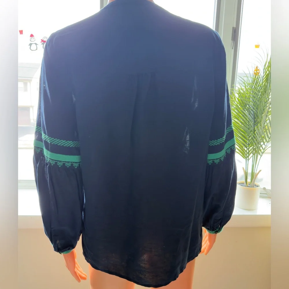 J. Crew Navy Blue Peasant Blouse with Green Embroidery - Picture 6 of 12